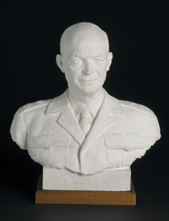 White plaster bust of Dwight D. Eisenhower. This is a maquette for a bronze sculpture on the Wichita State University campus.