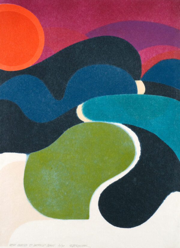 An abstraction of a landscape with orange sun in the top left, blue and green hills throughout.