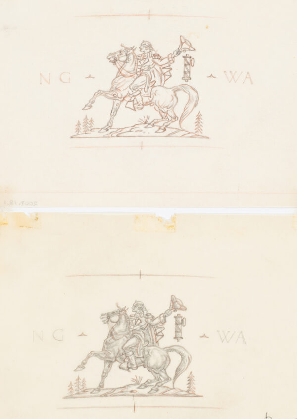 Both drawings are the same sketch of George Washington on a horse waving his tri-cornered hat. In the background are the letters NG to the left and WA to the right. These drawings are preparatory sketches for the Steuben 