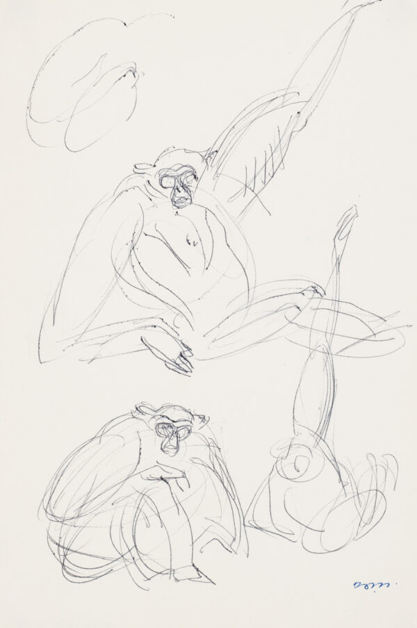 Preparatory drawings of Gibbons for a proposed Steuben bowl. Three monkeys with a 4th barely sketched in the upper left corner. The top monky has his proper left arm raised in the air.