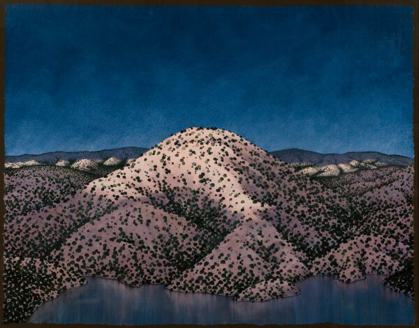 The painting is of a deep blue nighttime sky behind rolling hills with a center hill brightly lit. The hills have scrub pine trees/bushes throughout. A body of water is at the bottom of the image.
