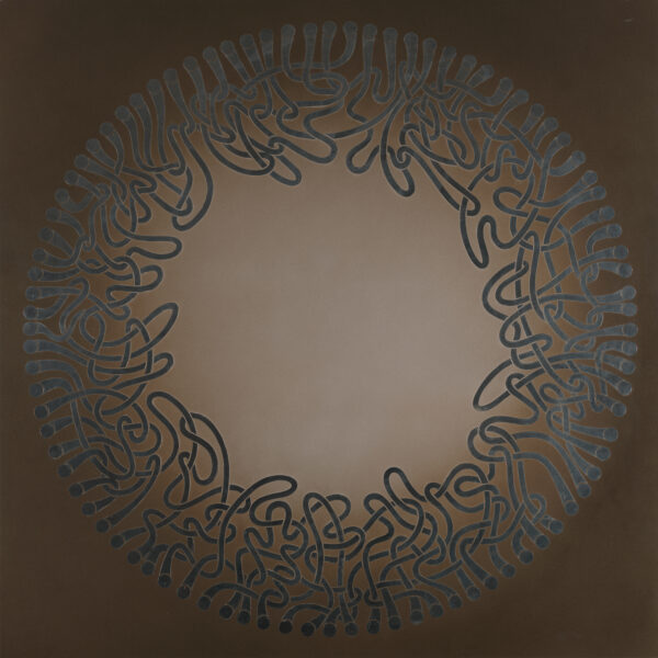 Image was made by masking out a circular pattern of Celtic nature then spray painting a dark brown enamel background with a gradient of a lighter brown in the center.