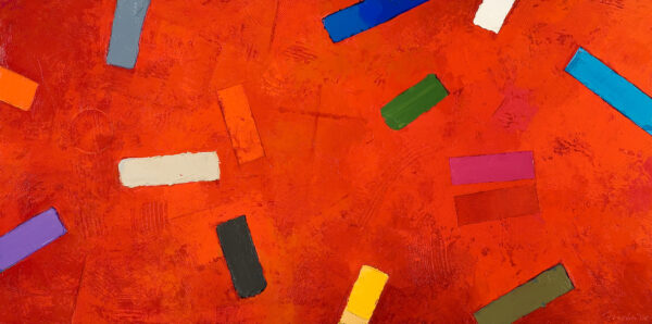 The painting has an orange background from dark to light, left to right. There are multicolored rectangles floating on the background with a circle at the left edge.