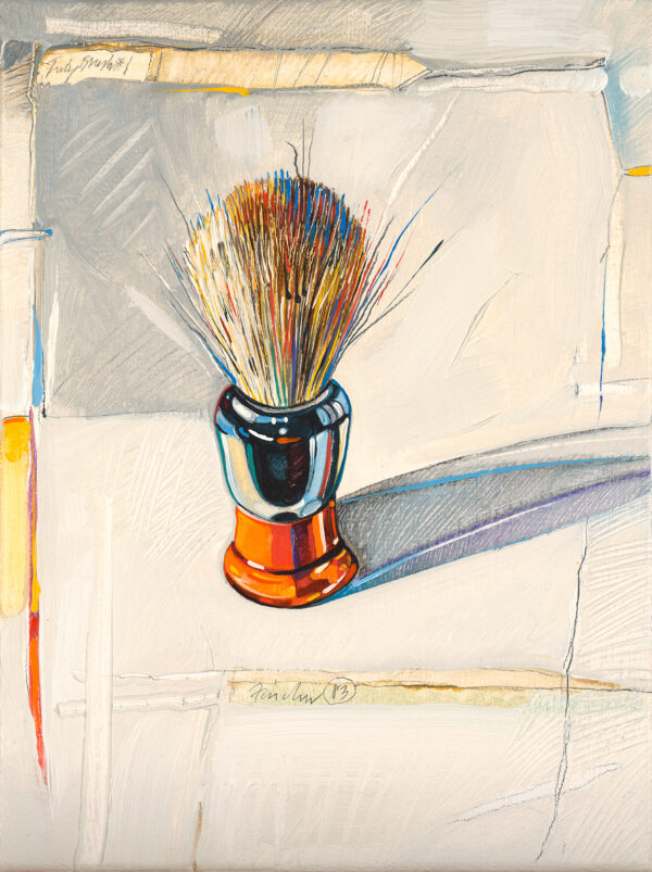 A shaving brush stood on it’s handle. There is an orange vertical line on the left of the painting. The handle is blue with multicolored hairs.
