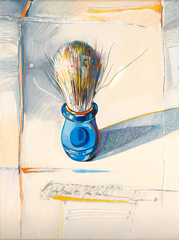 A shaving brush stood on it’s handle. There is an yellow vertical line on the left of the painting. The handle is orange and blue with multicolored hairs.