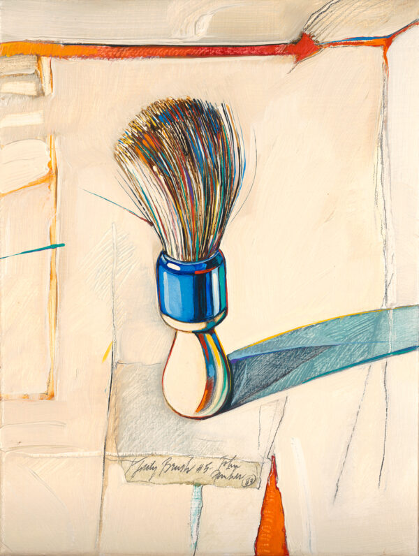 A shaving brush stood on it’s handle. There is an area of red horizontal at the top of the painting. The handle is white and blue with multicolored hairs.