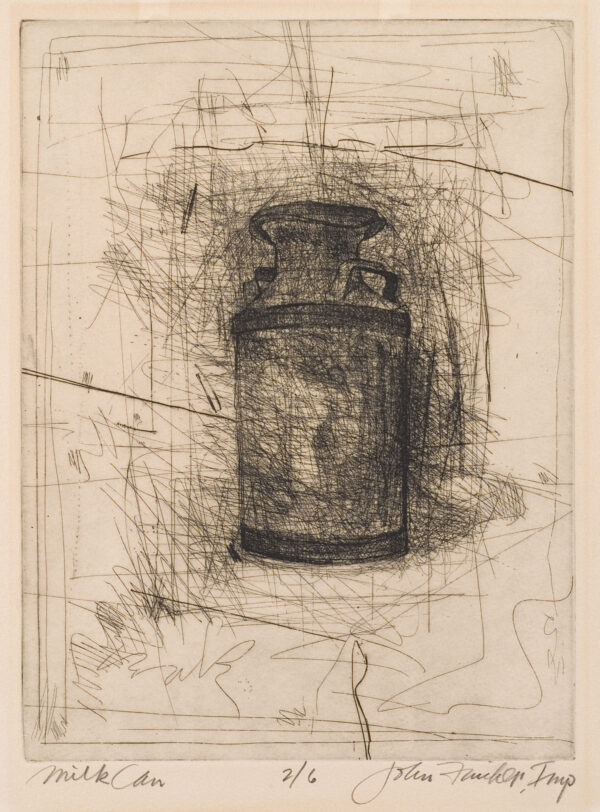 Etching of an old fashioned metal milk can as used on a dairy farm. It is created with multiple pen strokes with heavier strokes defining the details of the can.