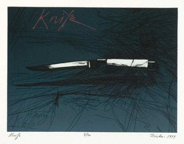 A knife with a white handle floats on a dark blue background. Expressive black lines fill the background including a shadow of the knife. The word knife is in red at top left.