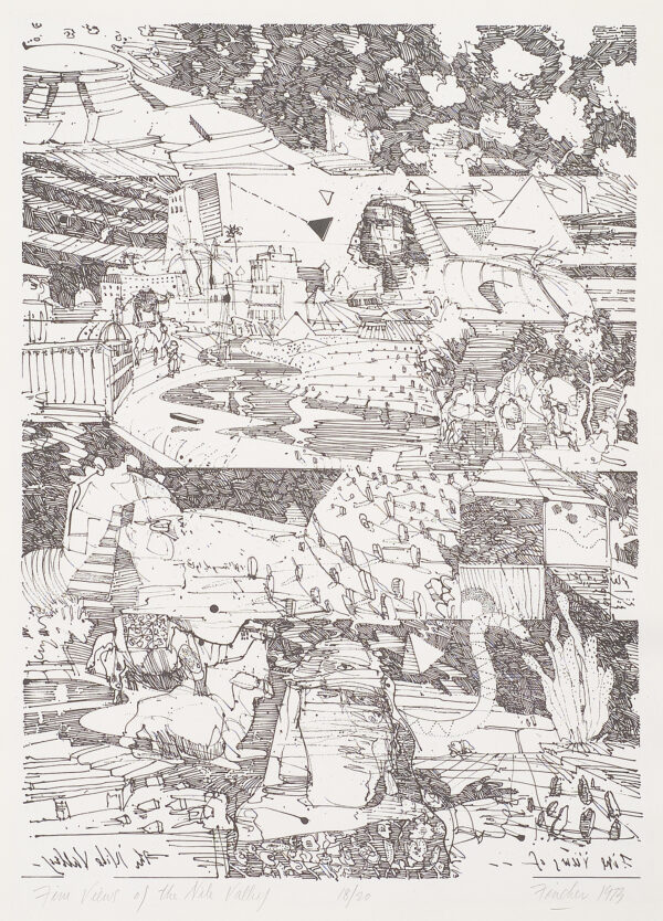 Montage of images of Egypt including a Sphinx and pyramids in the upper right, camels in the lower left, snake in lower right corner, with foreign writing scattered throughout.
