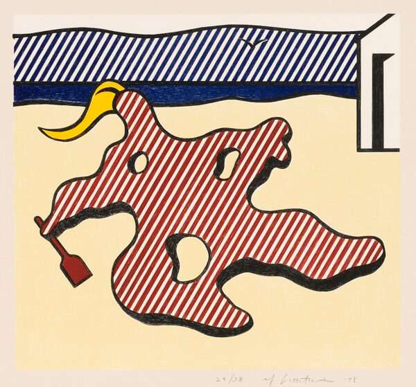 Image of a stylized nude figure of red stripes with three holes in the body laying on the sand. The figure has a yellow pony tail and is holding a red shovel. The sea in the distance is stripped and there is a building to the right.