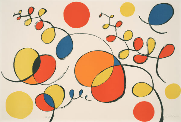 Sheet is covered with black curlicues which have solid color interiors of orange, yellow, red and blue.