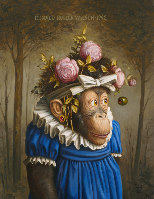An orangutan is wearing a blue dress with a white frilled collar and sleeves. There are pink roses in her hair with a large olive in front of her eyes. There are trees in the background.