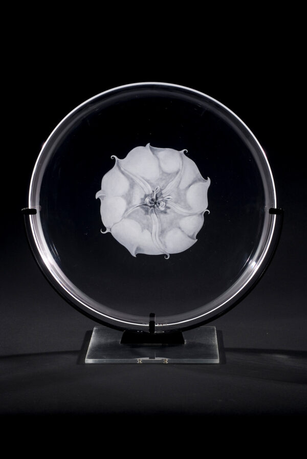 #A303 The plate has raised edges like a bowl and is engraved with a center design of a flower thought to be Jimson Weed.