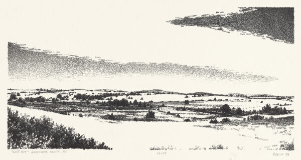 A landscape of flat land with scattered brush. A river runs diagonally at the lower left. Printed on lithograph stone in Wichita State University printmaking studios with assistance by then MFA graduate student Jack Wilson.