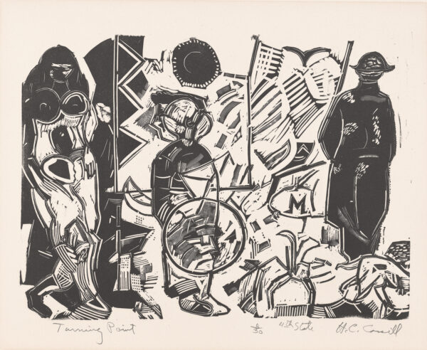 Image is abstracted but three figures can be identified with a nude woman at left and soldier at right. Print is embossed following the images.