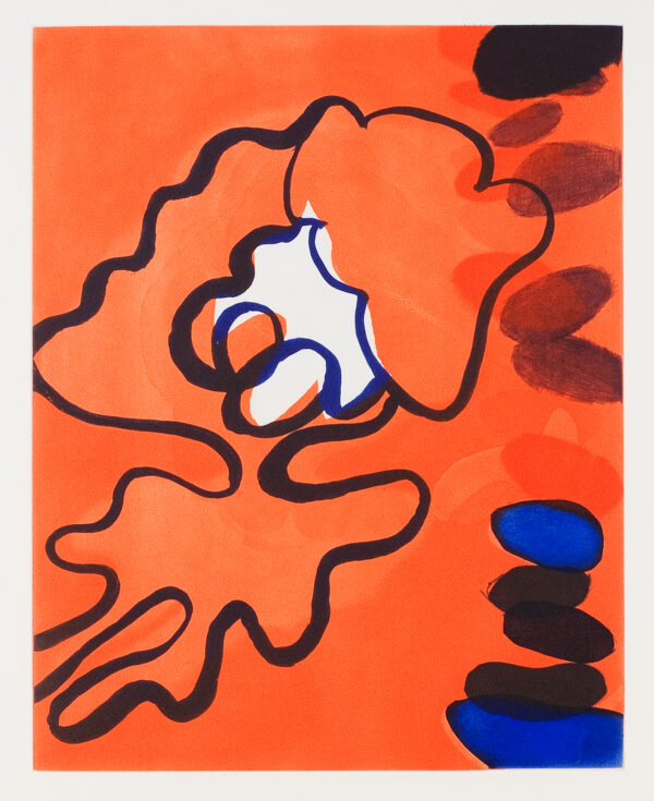 An abstract image of black and blue lines and shapes on a vivid orange background with a white center.