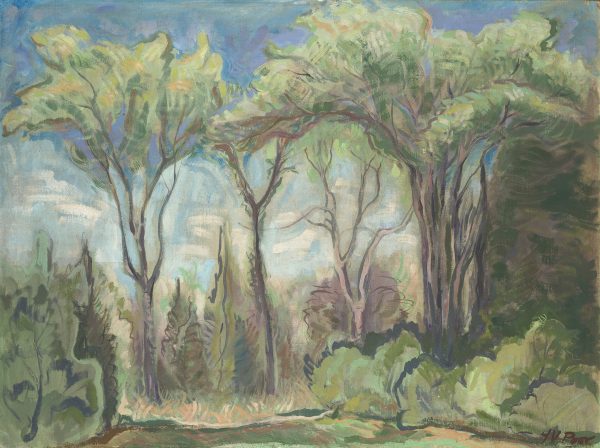 Landscape painting with green shrubs and trees
