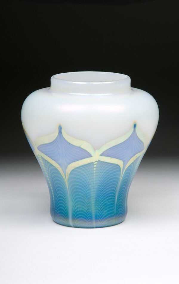 Shape #2644. A blue and gold decorated Alabaster glass vase.