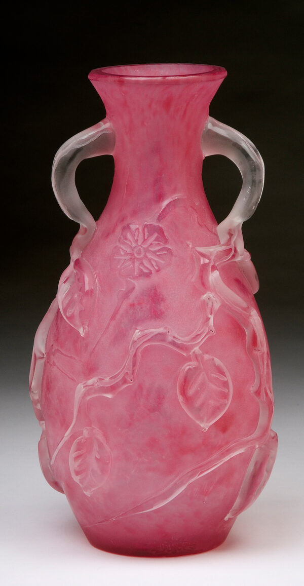Shape #6766. A rose quartz vase, acid etched with applied decoration.