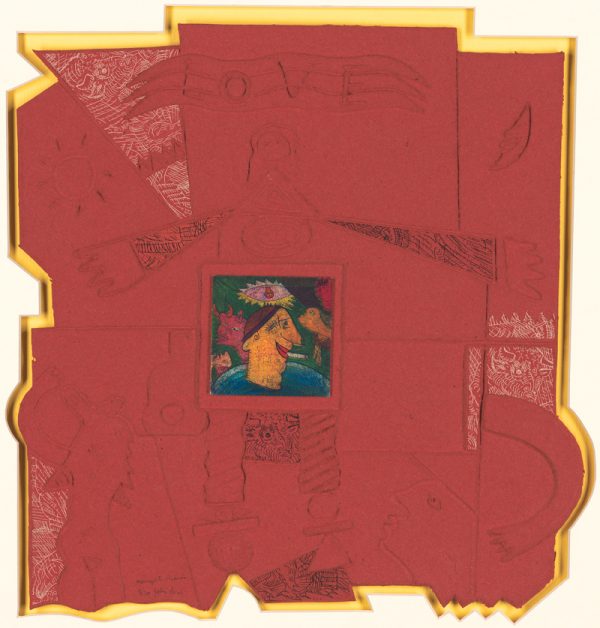 At the center of the composition is an intaglio print of a man with a cigar looking to his right on a green background. Along the top is the word LOVE in 3-D. Scattered through out are more figures, faces, arms and a sun in cast paper with areas of intaglio printing.