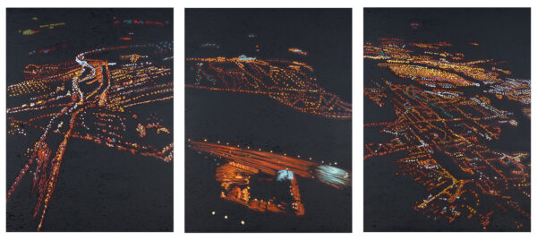 A triptych which gives an aerial view of a city at night.
