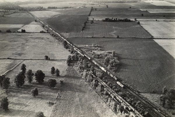 Crops and scattered trees are bisected by a diagonal rail road with cars on multiple lines.