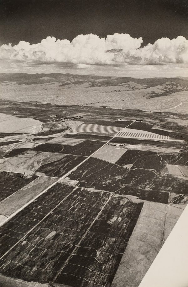 A grid of farmland with a main road moving from lower left to upper right.