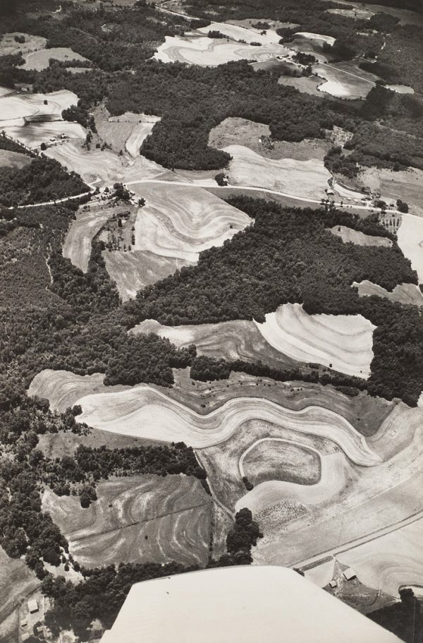 Trees, plowed fields, with horizontal road at top, tip of airplane wing on bottom of photo.