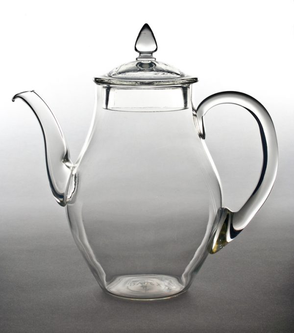 Hand-blown pyrex glass teapot with lid.
