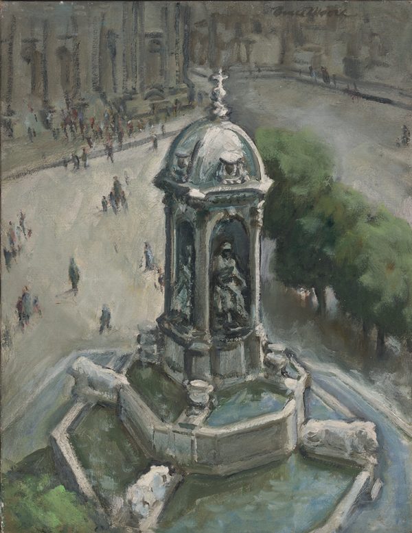 A Parisian street scene featuring the sculptural fountain in front of the church of St. Sulpice.  The point of view is from above, as it was probably painted at a second floor window.
