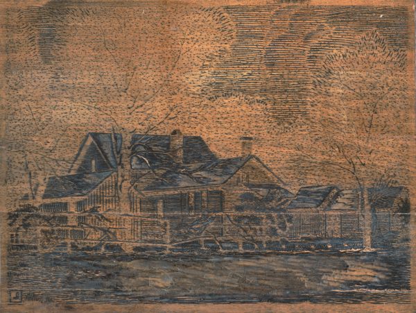 The woodblock from which the print Winter Day was printed. The image is of buildings, trees and snow. The woodblock has been varnished so a print cannot be pulled. 7/8 in. maple tongue and groove with 1/8 inches wood veneer
