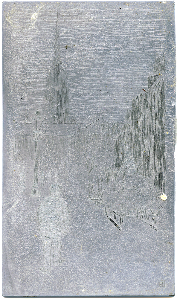 The zinc plate from which the print Christmas Morn was printed. The image is of a man walking in a street behind a horse pulling a hay wagon with a church spire in the distance. The plate has been covered in paraffin.
