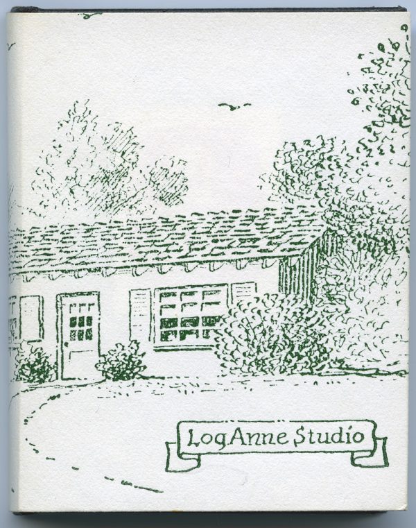 Black hard-bound with white dust jacket. The dust jacket has printed in green a scene of a house, trees and bird feeder. The story of how Herschel and Anne began Log-Anne Press.