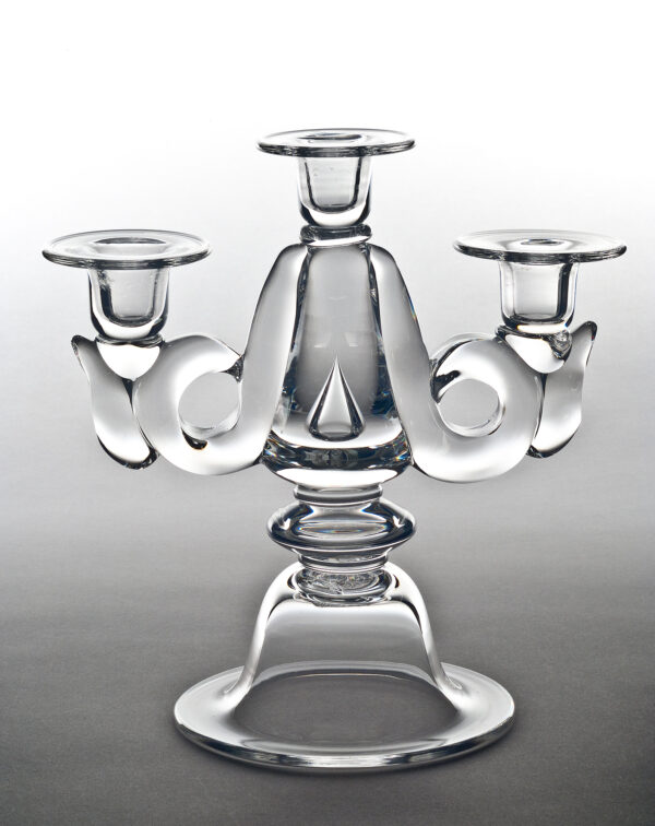 A pair of three-branch candelabra with a tear drop air bubble at the center.