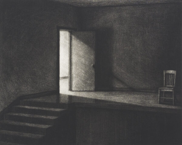 Stairs lead up to a dark stage with an open door through which light falls on a chair to the right. The artist describes the technique as 