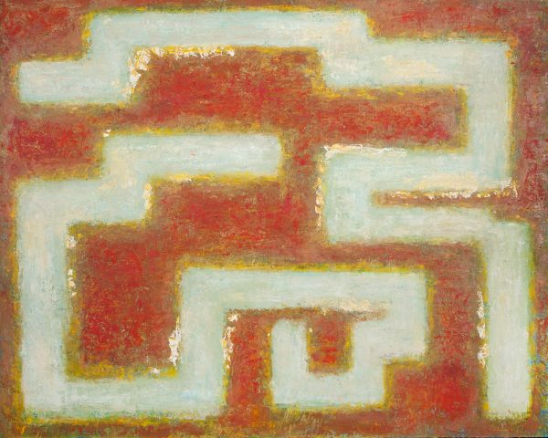 A pale green line forms a maze on a red background with touches of green.