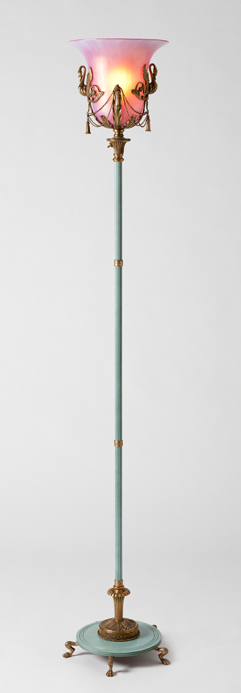 Steuben shape #6811, Translucent rose colored satin glass shades with opalescent vertical ribs contained in ormolu figural armature of winged swans and acanthus rising from a verdis gras patinated fluted stem above a 5-claw footed plinth.