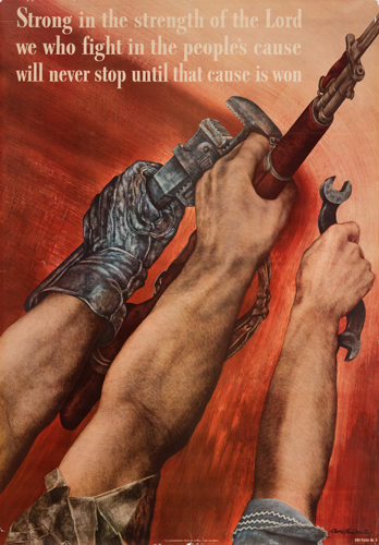 Three muscular arms, one holding a gun and the others holding tools, reach upwards together. This poster promoted cooperation among various segments of the American society-a woman, a soldier and a factory worker. The text of the poster is a quotation from a speech by Henry Wallace, then Vice-President, who ran for President on the Progressive Party ticket in 1948.