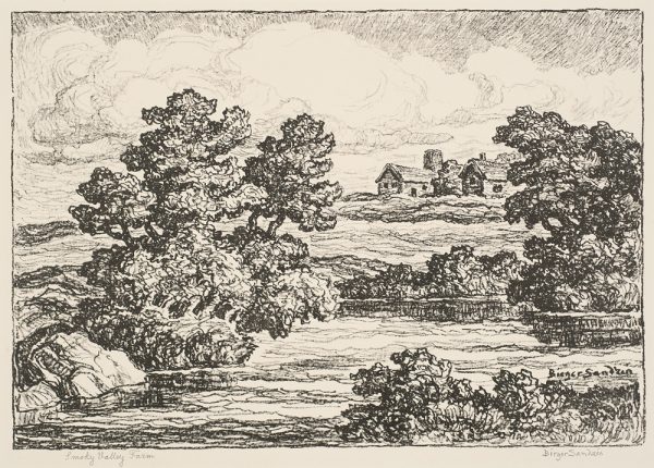 Farm buildings are in the distance with trees and a body of water in the foreground.