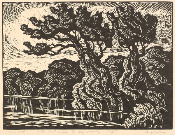 Tall trees on right with more abstracted trees in background. The foreground is a body of water with the trees reflected in it.
