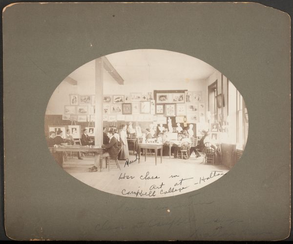 An art classroom with students and the teacher, Maud Shattuck at left of center.