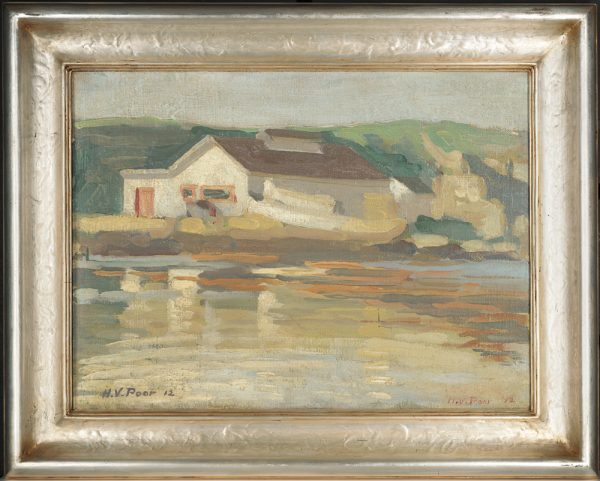 An abstracted harbor scene with a white building and boat reflected in the water.