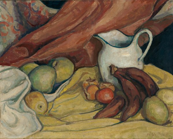 A still life of white pitcher, brown bananas and other fruit on yellow fabric and red fabric background.