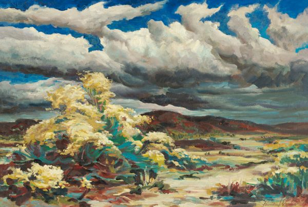 An impressionistic painting of a wind blown bush with low mountains in the background and a stormy sky above.