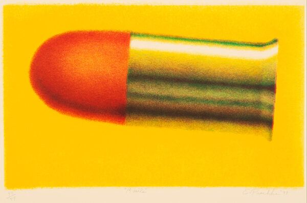 A bullet turns into a bright red lipstick, on a yellow background.