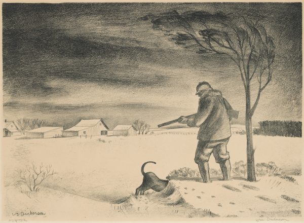 A hunter with gun and his dog stands next to a lone tree. In the distance is a farm and dark clouds in the sky.