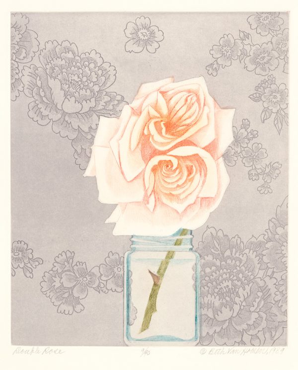 The  background is a pattern of flowers in grays and at center is a cut flower (an orange double rose), placed in a Mason jar.