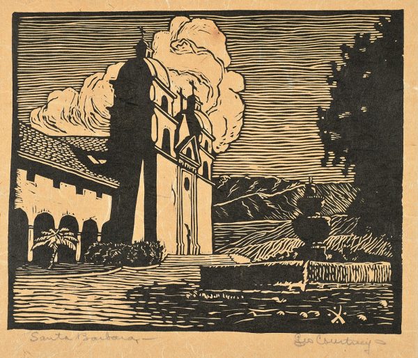 A chapel is framed by clouds on the left. On the right is a fountain with trees in the background.