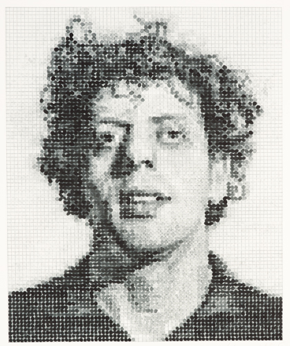 A portrait of Philip Glass composed of various shapes within a grid.