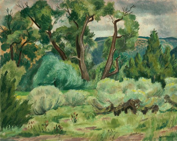 The pale gray washed clouded sky peers out between lush green tree branches over a meadow landscape. The view is across a patchy dirt and grass and wildflower dotted meadow. Bushes of various colors of green in the lower one-half are broken by large brown tree trunks, with foliage in bunches, that move vertically into the upper one-half of the painting. One golden tree is suggested in the background in the upper left. A dark hillside creates a backdrop in the upper right.